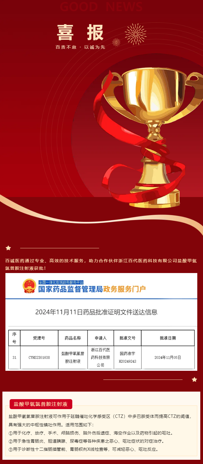 喜報(bào)！百誠(chéng)醫(yī)藥助力合作伙伴鹽酸甲氧氯普胺注射液獲批！.png